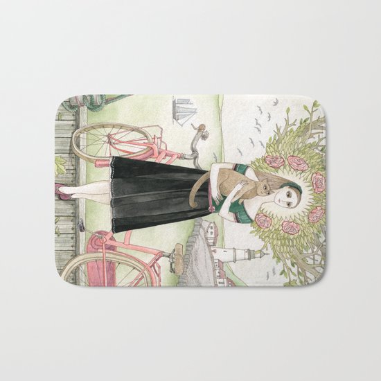 Girl and cat with pink bicycle Bath Mat