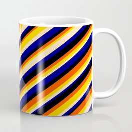 [ Thumbnail: Eye-catching Red, Yellow, Beige, Blue & Black Colored Striped Pattern Coffee Mug ]