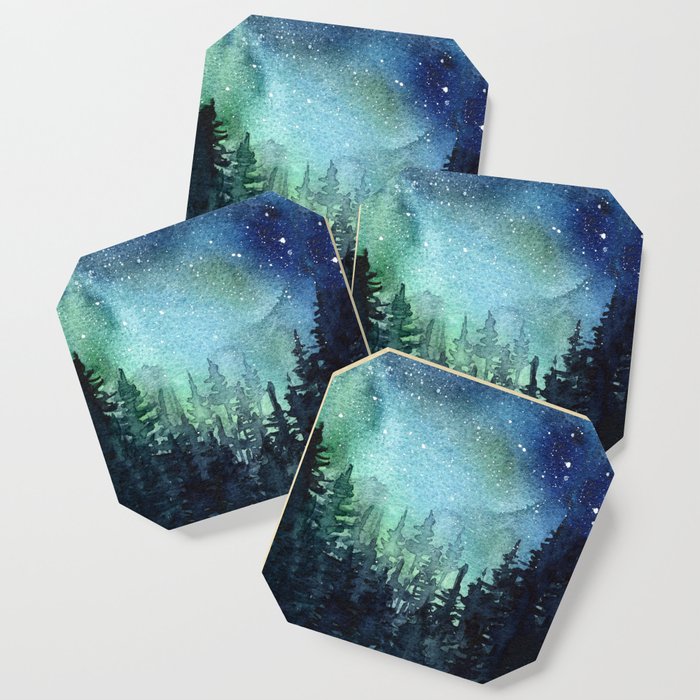 Galaxy Watercolor Aurora Borealis Painting Coaster