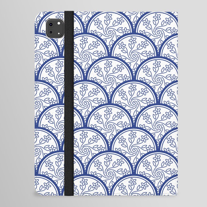 Blue and White Chinoiserie Floral Pattern Stacked Circle Scales Shapes iPad Folio Case