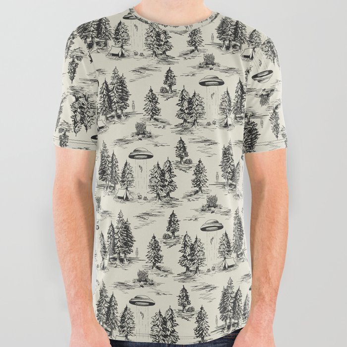 Black Alien Abduction Toile De Jouy Pattern All Over Graphic Tee