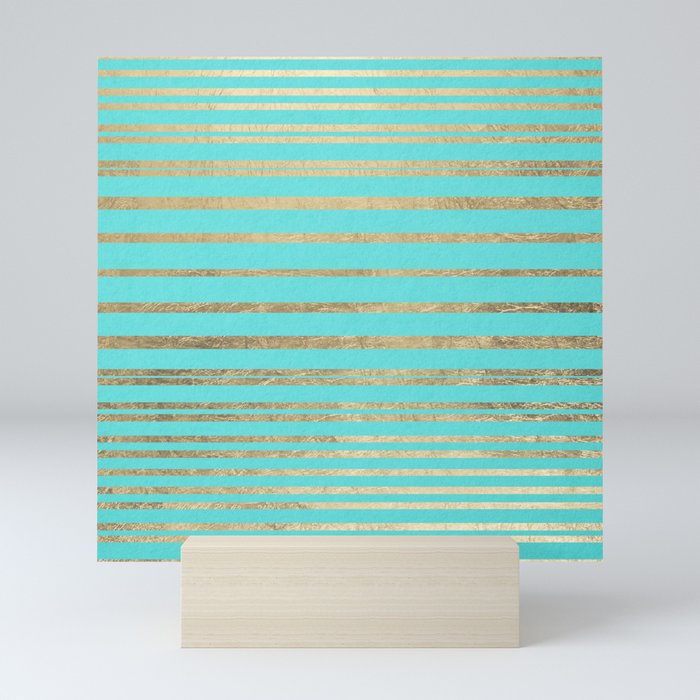 Modern geometric turquoise chic gold striped pattern  Mini Art Print