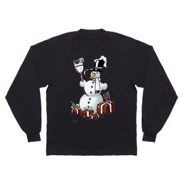 Snowman in winter with gifts and rockets for New Years Eve Long Sleeve T Shirt