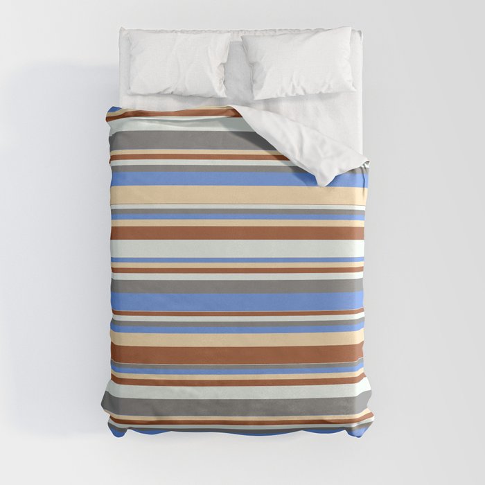 Colorful Sienna, Mint Cream, Gray, Cornflower Blue & Beige Colored Striped Pattern Duvet Cover