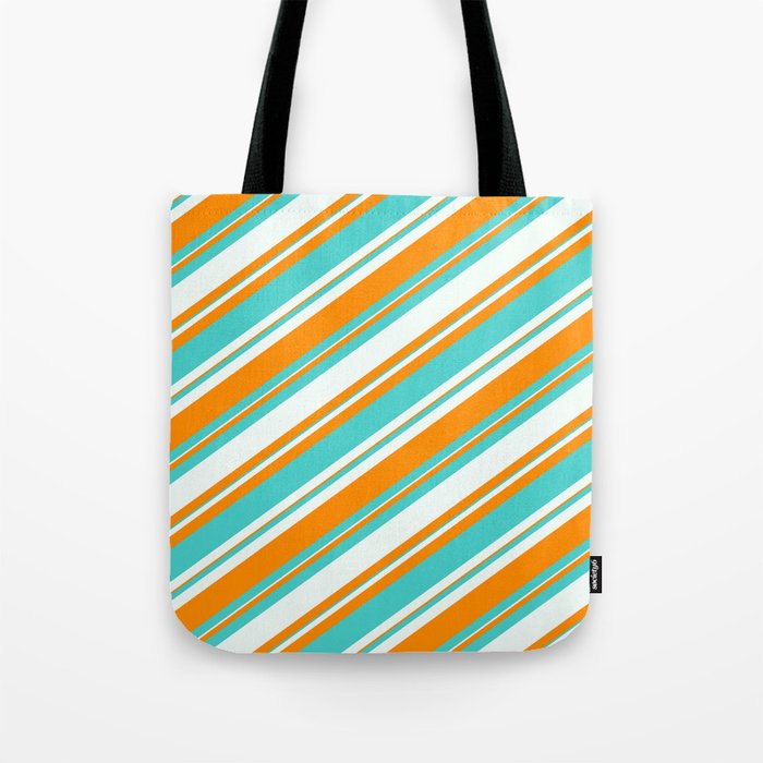 Mint Cream, Dark Orange & Turquoise Colored Lined/Striped Pattern Tote Bag