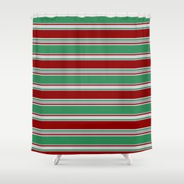 [ Thumbnail: Sea Green, Dark Grey, Dark Red, and Light Grey Colored Lined/Striped Pattern Shower Curtain ]