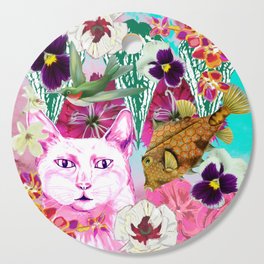 Crazy collage with pink cat Cutting Board
