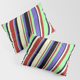 [ Thumbnail: Green, Slate Blue, Black, Light Yellow, and Red Colored Stripes Pattern Pillow Sham ]