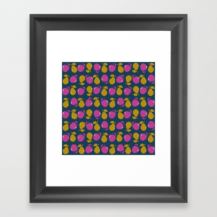 Graphic apples and pears, pink and gold on navy Framed Art Print