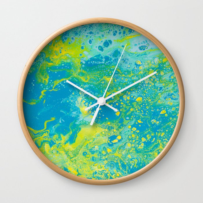 Fluid Art Acrylic Painting, Pour 15, Blue, Yellow & Green Blended Color Wall Clock