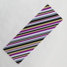 [ Thumbnail: Eye-catching Dark Khaki, Purple, Lavender, Slate Gray, and Black Colored Lined/Striped Pattern Yoga Mat ]