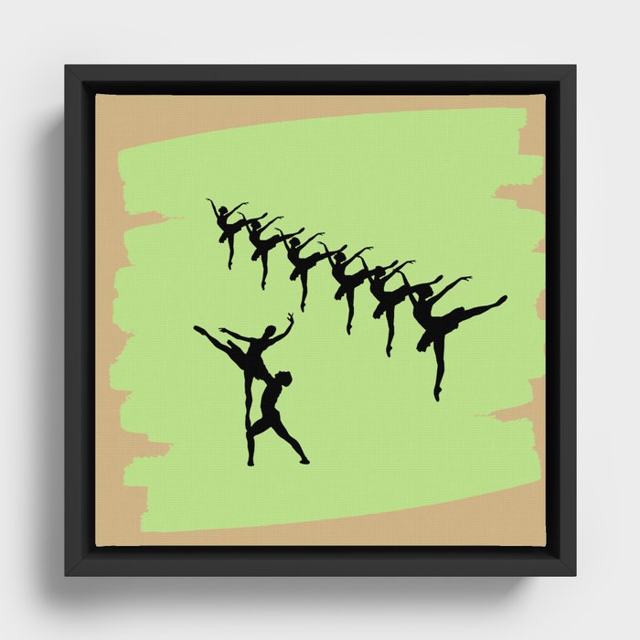 Ballerina figures in black on green brush stroke Framed Canvas