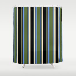 [ Thumbnail: Cornflower Blue, Dark Olive Green, Bisque, and Black Colored Striped Pattern Shower Curtain ]
