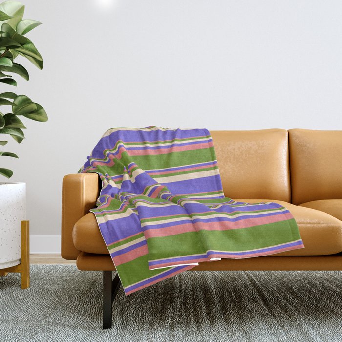 Light Coral, Green, Bisque & Slate Blue Colored Striped/Lined Pattern Throw Blanket
