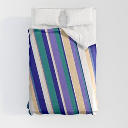 [ Thumbnail: Eyecatching Teal, Slate Blue, Tan, White, and Dark Blue Colored Stripes Pattern Comforter ]