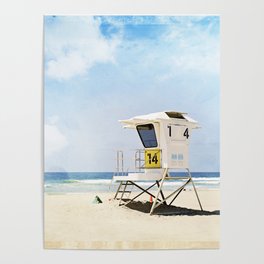 California Beach Photography, Lifeguard Stand San Diego, Blue Coastal Photograph Poster