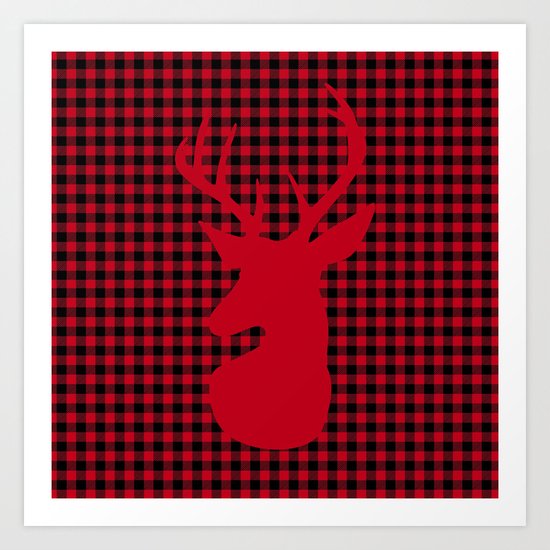 Red Plaid Deer Stag Design Art Print