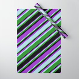 [ Thumbnail: Dark Orchid, Light Blue, Forest Green, and Black Colored Stripes/Lines Pattern Wrapping Paper ]
