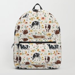Cows with Pink and Yellow Flowers on Cream, Cow Illustration, Floral Backpack