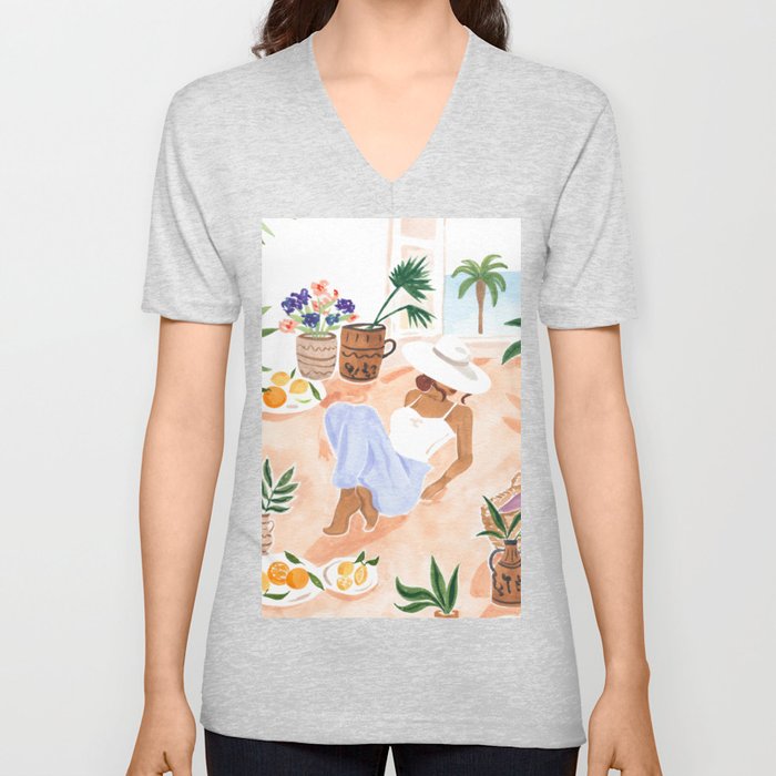 Woman Sitting by the Window Art Print - Sabina Fenn Illustration - Feminine Gouache Tropical Portrai V Neck T Shirt