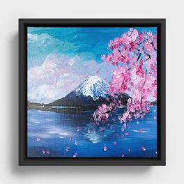 elegant japanese Fuji mountain spring lake sakura pink flowers cherry blossom  Framed Canvas
