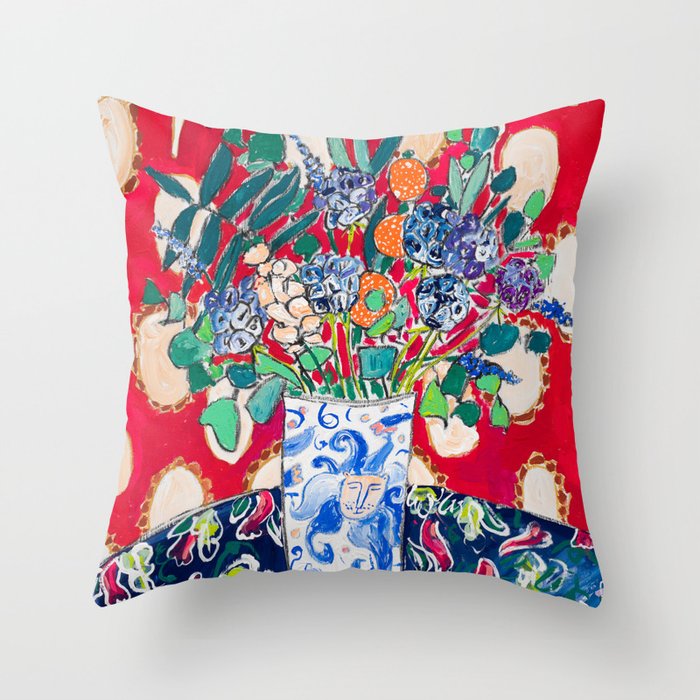Wildflowers in a Lion Vase on Red Floral Still Life Painting After Matisse Throw Pillow