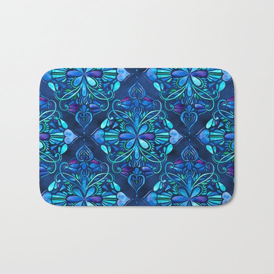 Deep Ocean Art Nouveau Watercolor Doodle Bath Mat