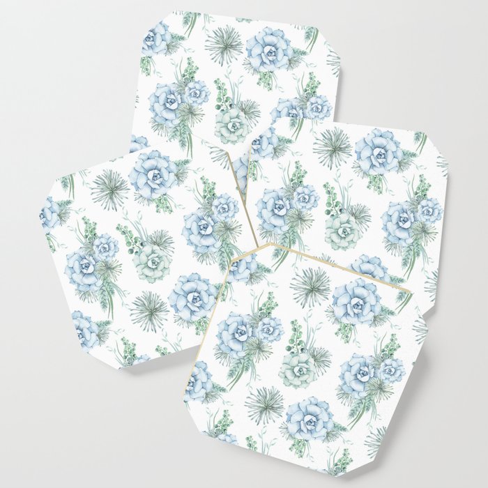 Succulents Pastel Mint Green Turquoise Teal Sky Blue Pattern Coaster