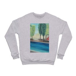 The Orchard House, the Spring Tulips, and the Blue, blue river by Marguerite Blasingame Crewneck Sweatshirt