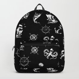 Black And White Silhouettes Of Vintage Nautical Pattern Backpack