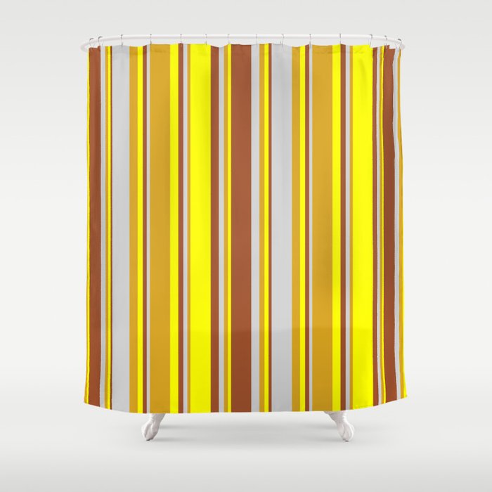 Goldenrod, Light Gray, Sienna, and Yellow Colored Stripes Pattern Shower Curtain
