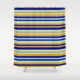 [ Thumbnail: Powder Blue, Goldenrod, and Blue Colored Striped Pattern Shower Curtain ]