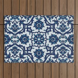 Blue Portuguese Azulejos Floral Tile Pattern I Outdoor Rug