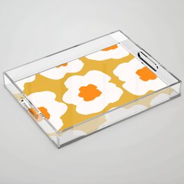 Large Pop-Art Retro Flowers in White on Mustard Yellow Background  Acrylic Tray