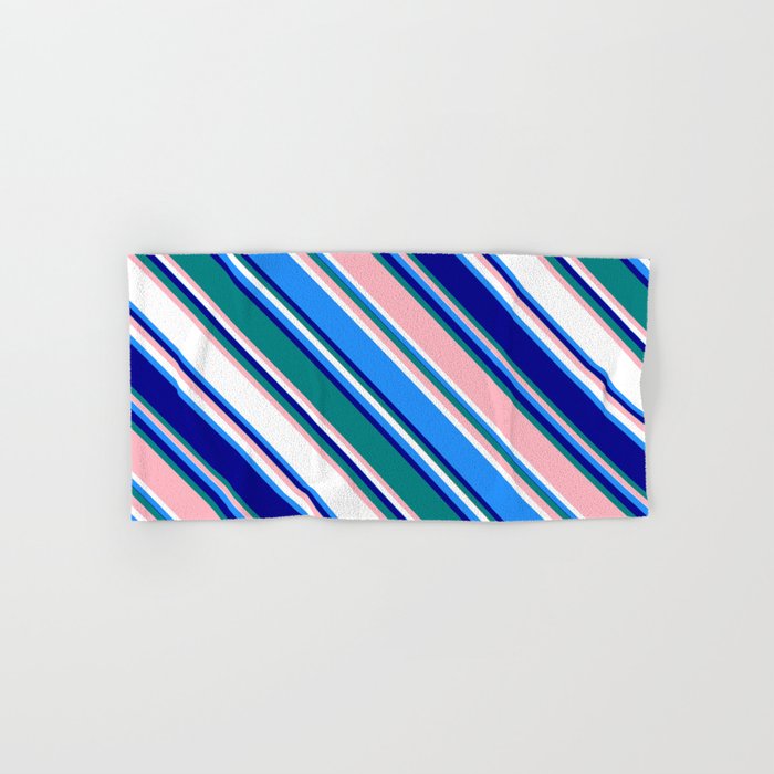 Colorful Blue, Dark Blue, Teal, Light Pink, and White Colored Lines Pattern Hand & Bath Towel