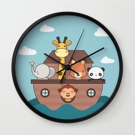 Kawaii Cute Zoo Animals On A Boat Wall Clock | Digital, Funny, Kawaiipanda, Kawaiifox, Kawaiimonkey, Whimsical, Cute, Drawing, Kawaii, Kawaiielephant 