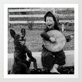 Child Playing A Banjo For His Dog Art Print