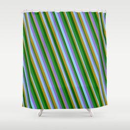 [ Thumbnail: Vibrant Purple, Light Sky Blue, Dark Goldenrod, Dark Green, and Forest Green Colored Lines Pattern Shower Curtain ]