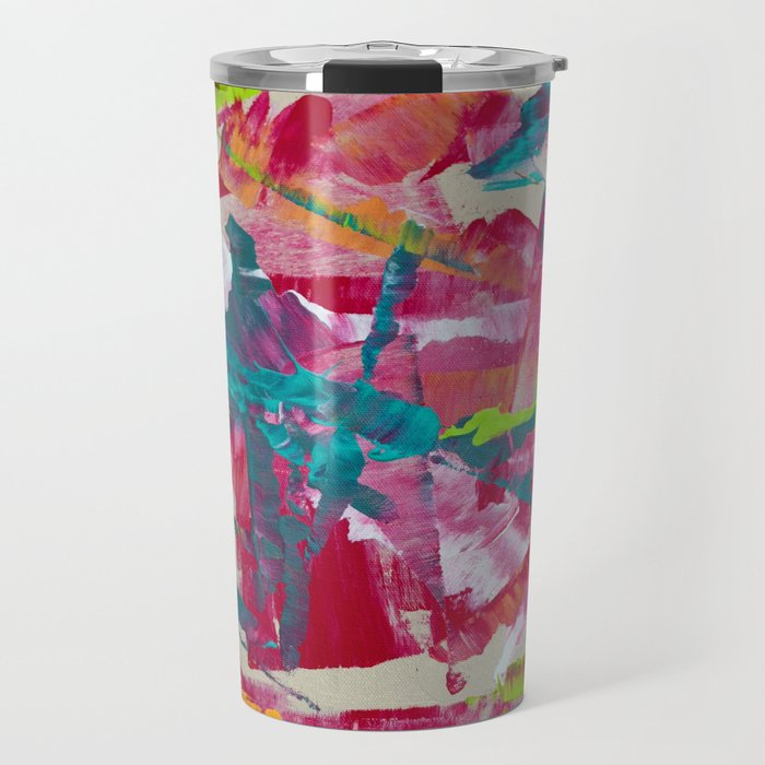 Confetti: A colorful abstract design in neon pink, neon green, and neon blue Travel Mug