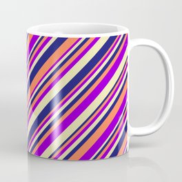 [ Thumbnail: Coral, Dark Violet, Pale Goldenrod, and Midnight Blue Colored Lined/Striped Pattern Coffee Mug ]