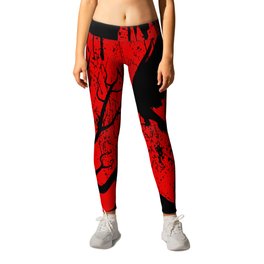 Scary & Spooky Abstract Bloody Dark Night with some Crows Flying Around Leggings | Creepy, Alarming, Horrible, Graphicdesign, Frightful, Weird, Scary, Hideous, Dreadful, Horrendous 