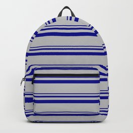 [ Thumbnail: Dark Blue and Grey Colored Pattern of Stripes Backpack ]
