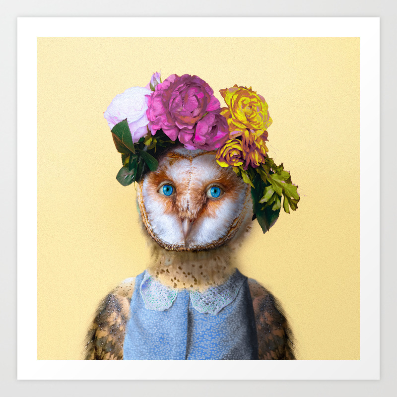 Lady Owl With Head Flowers Bouquet Art Print By Perymaya Society6
