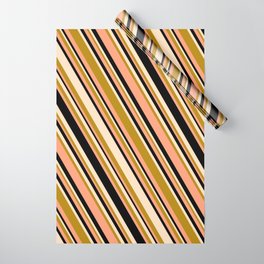 [ Thumbnail: Bisque, Dark Goldenrod, Light Salmon & Black Colored Stripes/Lines Pattern Wrapping Paper ]