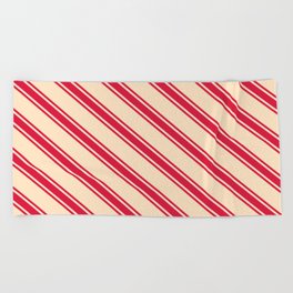 [ Thumbnail: Bisque & Crimson Colored Pattern of Stripes Beach Towel ]