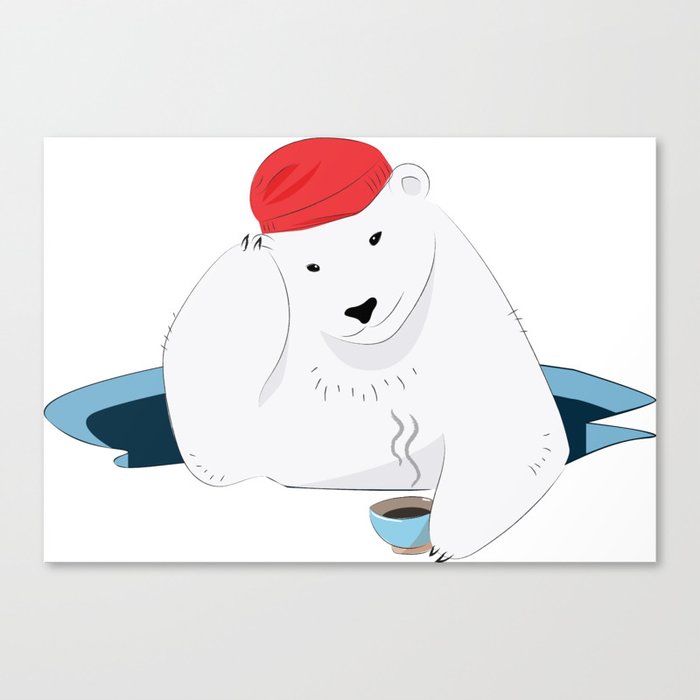 Polar bear in a red hat drinks coffee Canvas Print