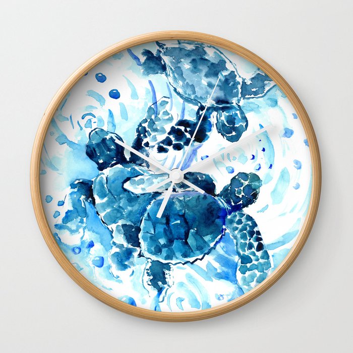 Three Sea Turtles, blue bathroom turtle artwork, Underwater Wall Clock