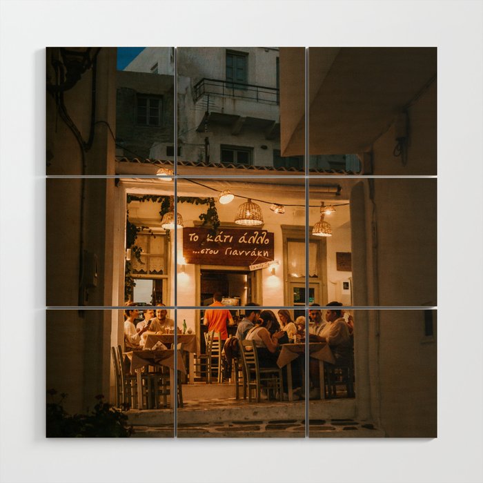 An Evening in the Greek Streets of Naxos | Warm Yellow Cafe in Dark Blue Night | Summer Nights with Dinner in South Europe | Travel Photography Wood Wall Art