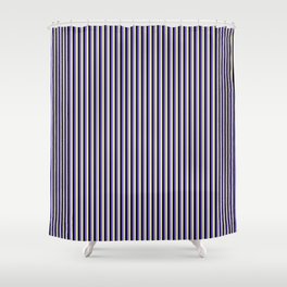 [ Thumbnail: Medium Slate Blue, Pale Goldenrod, and Black Colored Lines/Stripes Pattern Shower Curtain ]
