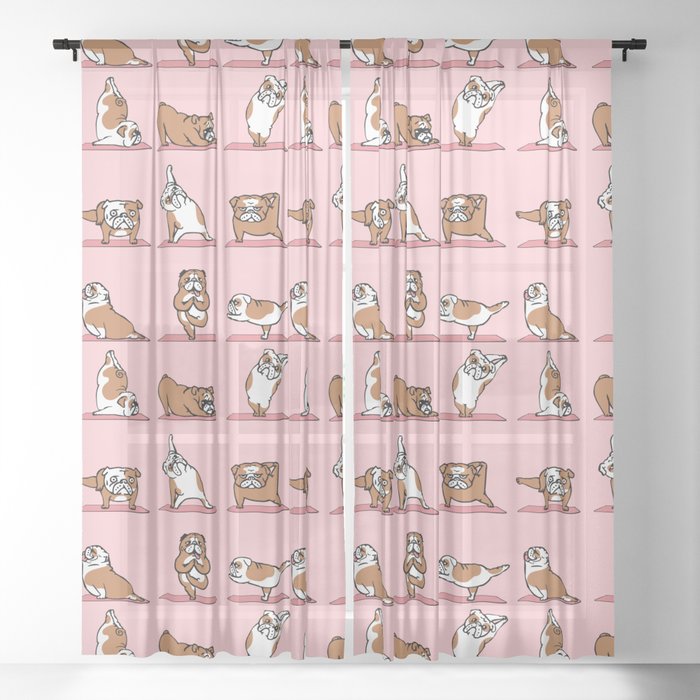 English Bulldog Yoga in Pink Sheer Curtain